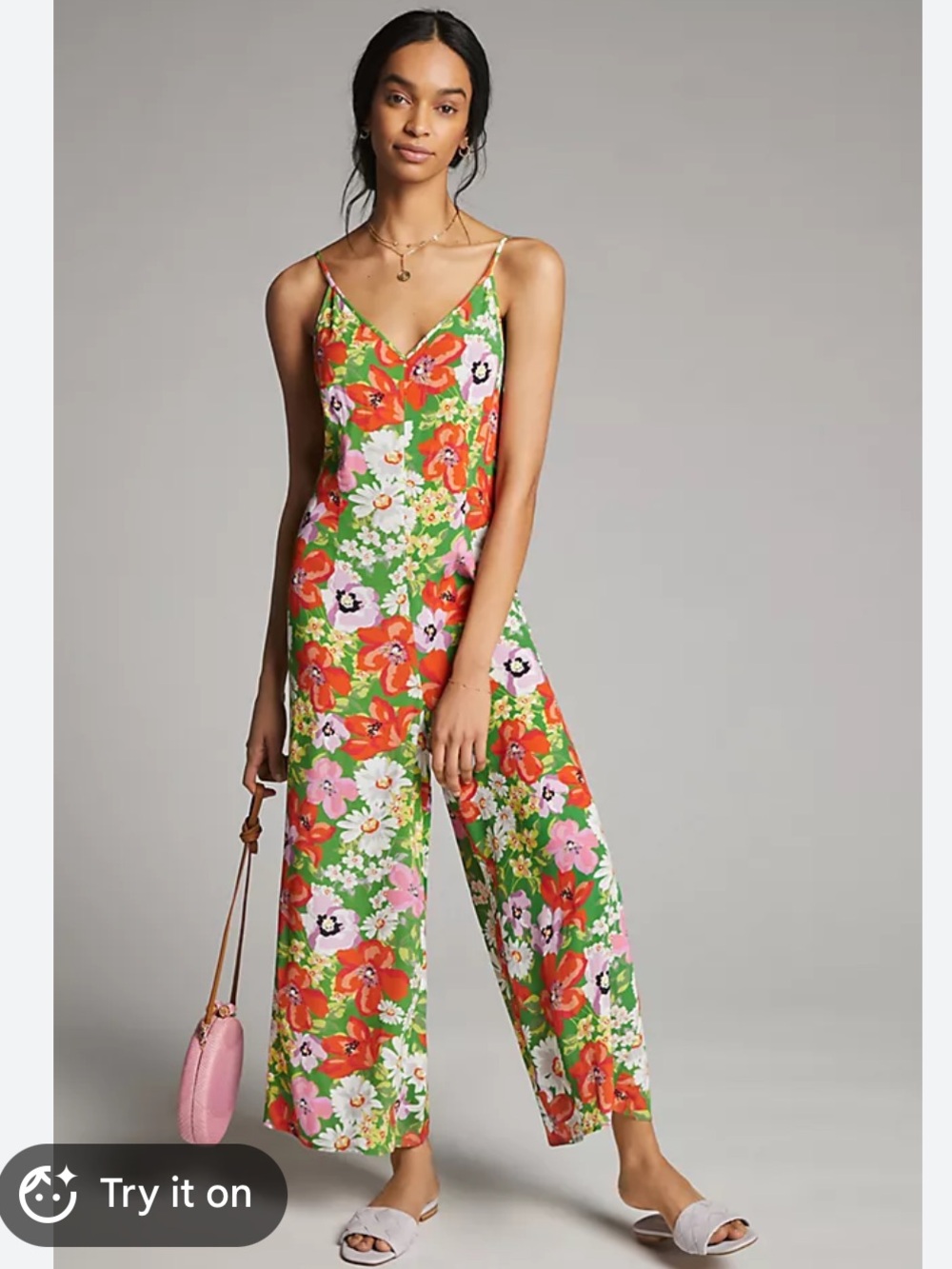 Anthropologie Vibrant Floral jumpsuit - Green Base with Red & Pink Blooms